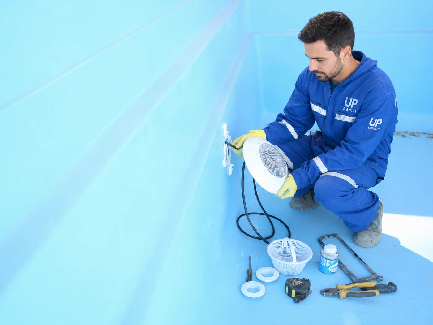 Técnico con uniforme UP Services realizando mantención de una piscina, imagen referencial